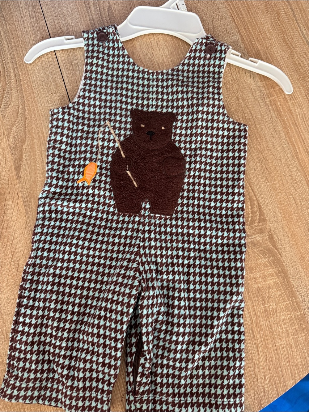 Funtasia Too Boys Houndstooth Fishing Bear Longall Romper Boutique 12 mths